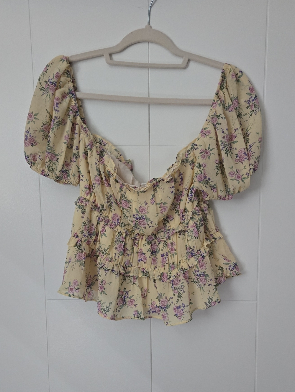 Astr Yellow Floral Puff Sleeve Peplum Top